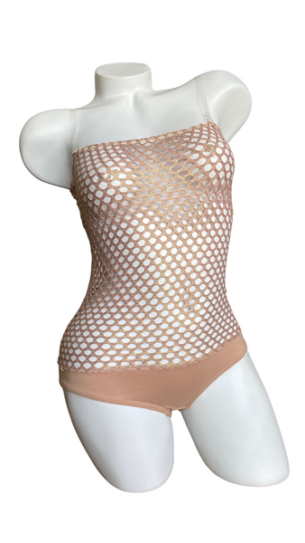 In Stock - Overbust with Straps - Nude Gold Fishnet