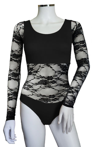 Bodysuit with Sleeves - Black Lace - In Stock