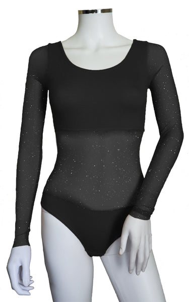 Bodysuit with Sleeves - Black Silver Glitter - In Stock