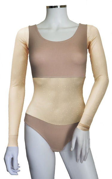 Bodysuit with Sleeves - Tan Silver Glitter - In Stock