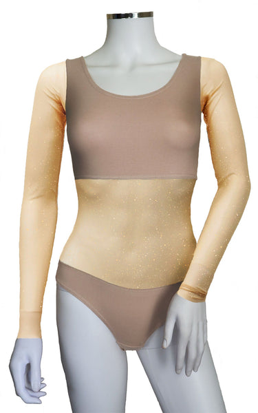 Bodysuit with Sleeves - Tan Gold Glitter - In Stock