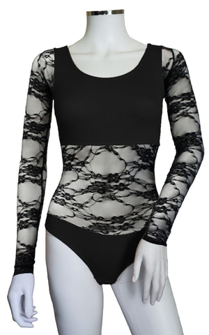 Bodysuit with Sleeves - Black Lace