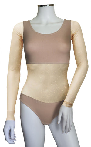 Bodysuit with Sleeves - Tan Silver Glitter