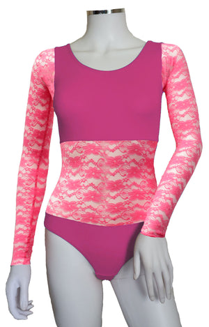 Bodysuit with Sleeves - Pink Lace