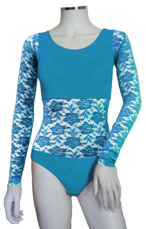 Bodysuit with Sleeves - Turquoise Lace